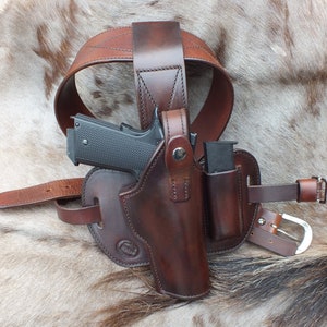 1911 Drop Thigh Holster With Extra Clip Pouch Black or Brown Leather