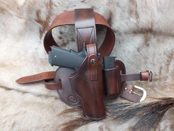 1911 Drop Thigh Holster With Extra Clip Pouch Black or Brown Leather 