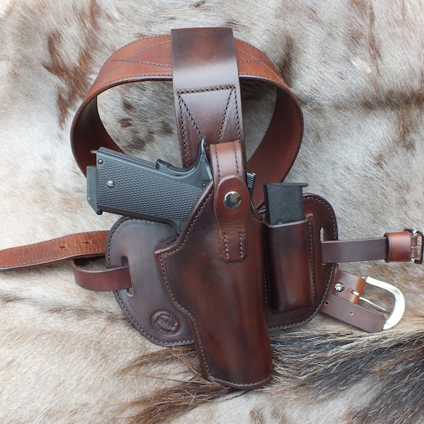 1911 Drop Thigh Holster With Extra Clip Pouch Black or Brown Leather