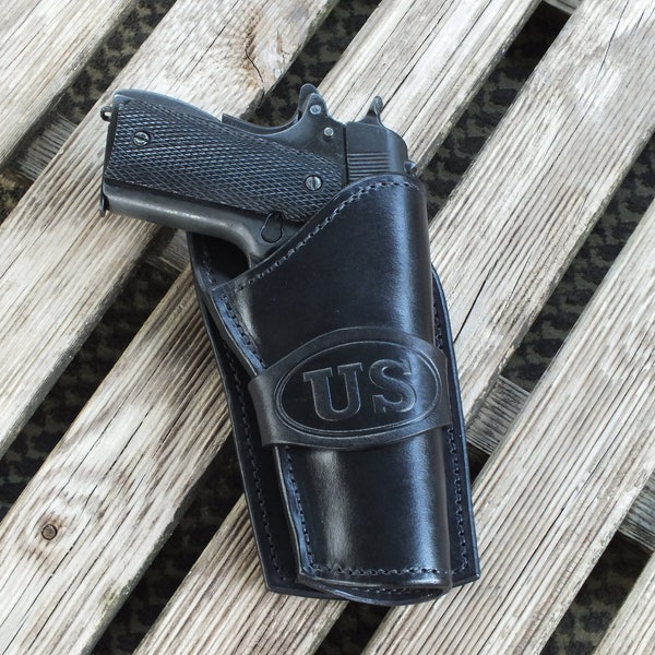 GI 1911 Wild Bunch Style Holster Black or Brown Leather US Stamp.