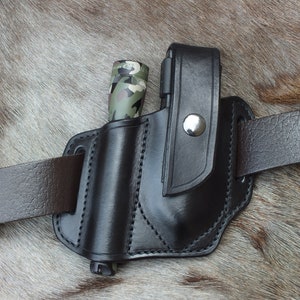 Made to Order, Leather Sheath to fit Gerber Multiplier and Double A Mini Maglite Torch, Black