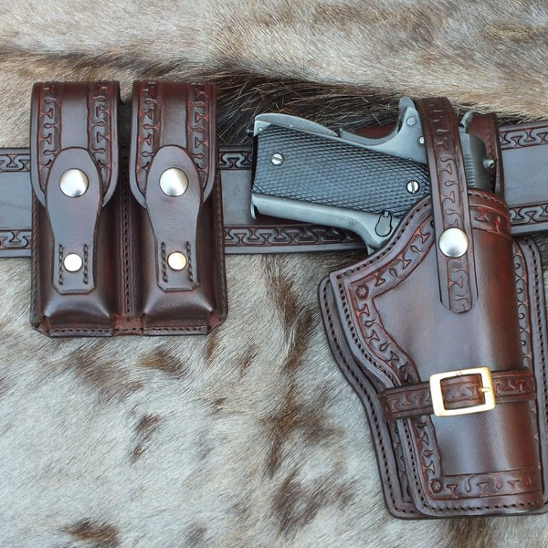 Updated Retro Style 1911 Holster And Double Magazine Pouch Brown.(To fit rail)
