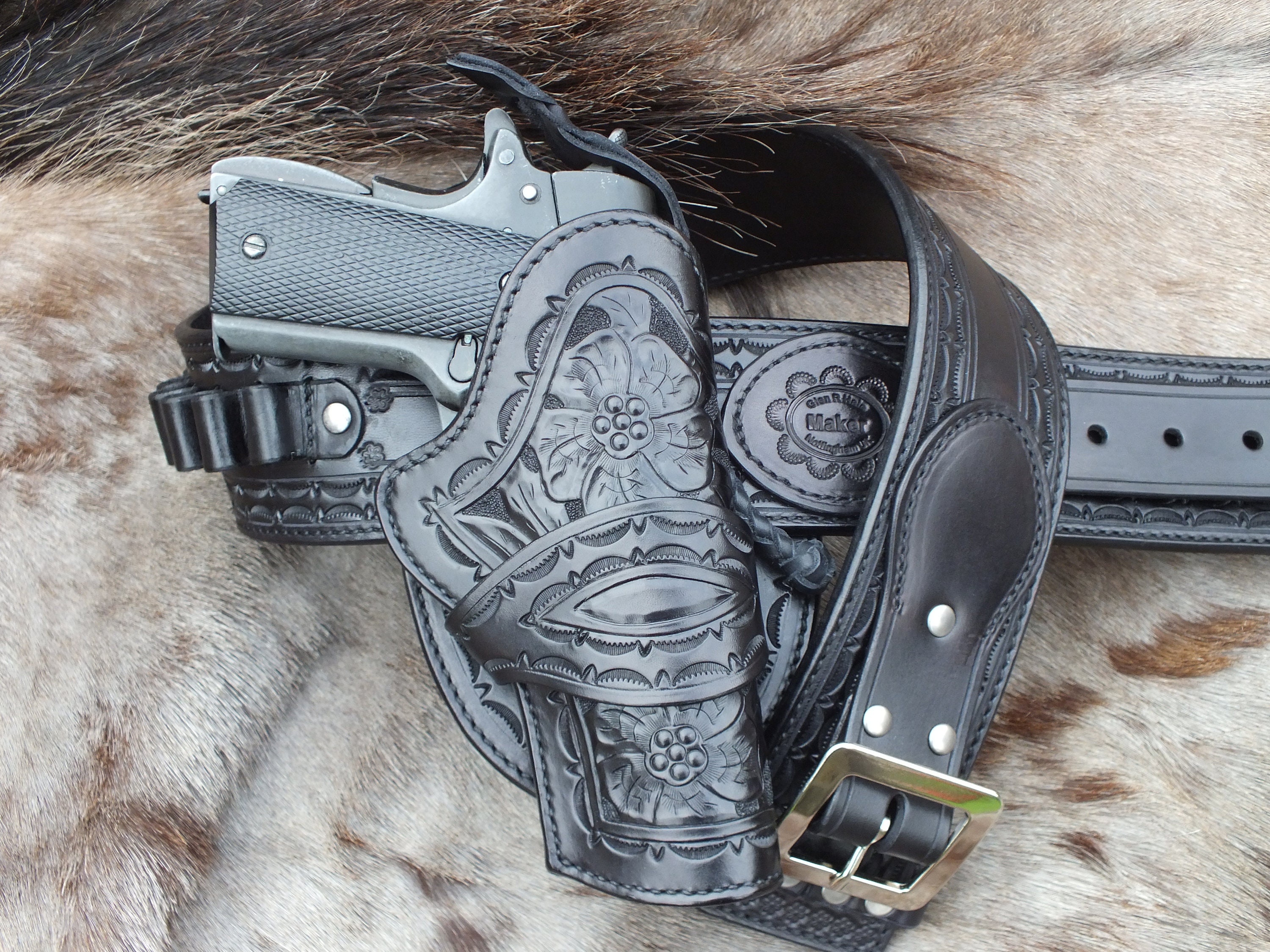 thumbnail image 2 of Cardini Leather Quick Draw Belt Slide Holster For Colt 1911 5" - Right Hand - Black/Brown 2 of 5