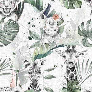 May include: A whimsical pattern featuring hand-drawn illustrations of safari animals, including a lion, rhino, giraffe, and zebra, amidst lush green tropical leaves. The design has a watercolor effect on a white background.