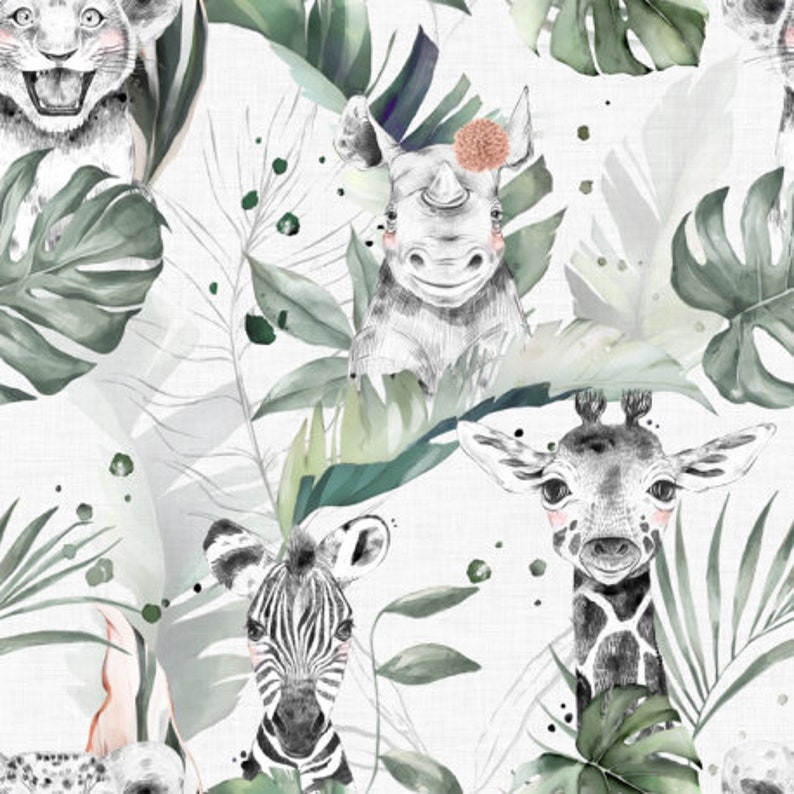 May include: A whimsical pattern featuring hand-drawn illustrations of safari animals, including a lion, rhino, giraffe, and zebra, amidst lush green tropical leaves. The design has a watercolor effect on a white background.