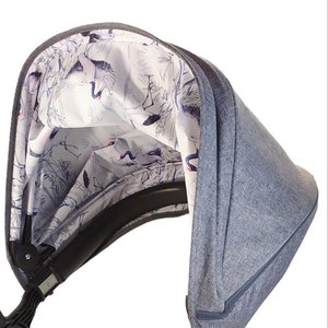 May include: A gray stroller canopy with a white and blue crane print lining. The canopy is made of a soft, textured fabric and has a zippered closure.