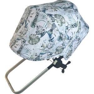 May include: A stroller canopy with a white background and a jungle-themed pattern featuring animals and foliage in shades of green and blue. The canopy is attached to a silver-colored frame.