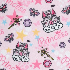 May include: Pink fabric with a repeating pattern of castles, stars, butterflies, wands, and the word "Princess".