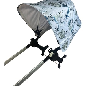 May include: A stroller canopy with a white background and a jungle-themed pattern featuring green leaves and animal prints. The canopy is attached to silver metal poles and black joints.