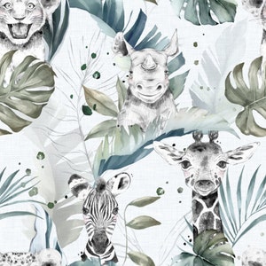 May include: Watercolor-style seamless pattern featuring a lion cub, rhinoceros, giraffe, and zebra. The design incorporates tropical leaves in shades of green and blue on a light background, creating a jungle theme.