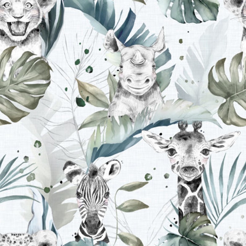May include: Watercolor-style seamless pattern featuring a lion cub, rhinoceros, giraffe, and zebra. The design incorporates tropical leaves in shades of green and blue on a light background, creating a jungle theme.