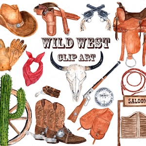 Aquarell Western Clipart: "COWBOY CLIPART" Schädel Clipart Boho Clipart Cowboy-Hut Cowboy Boots Gun Cowboy Dekor wilden Westen Hochzeit clipart