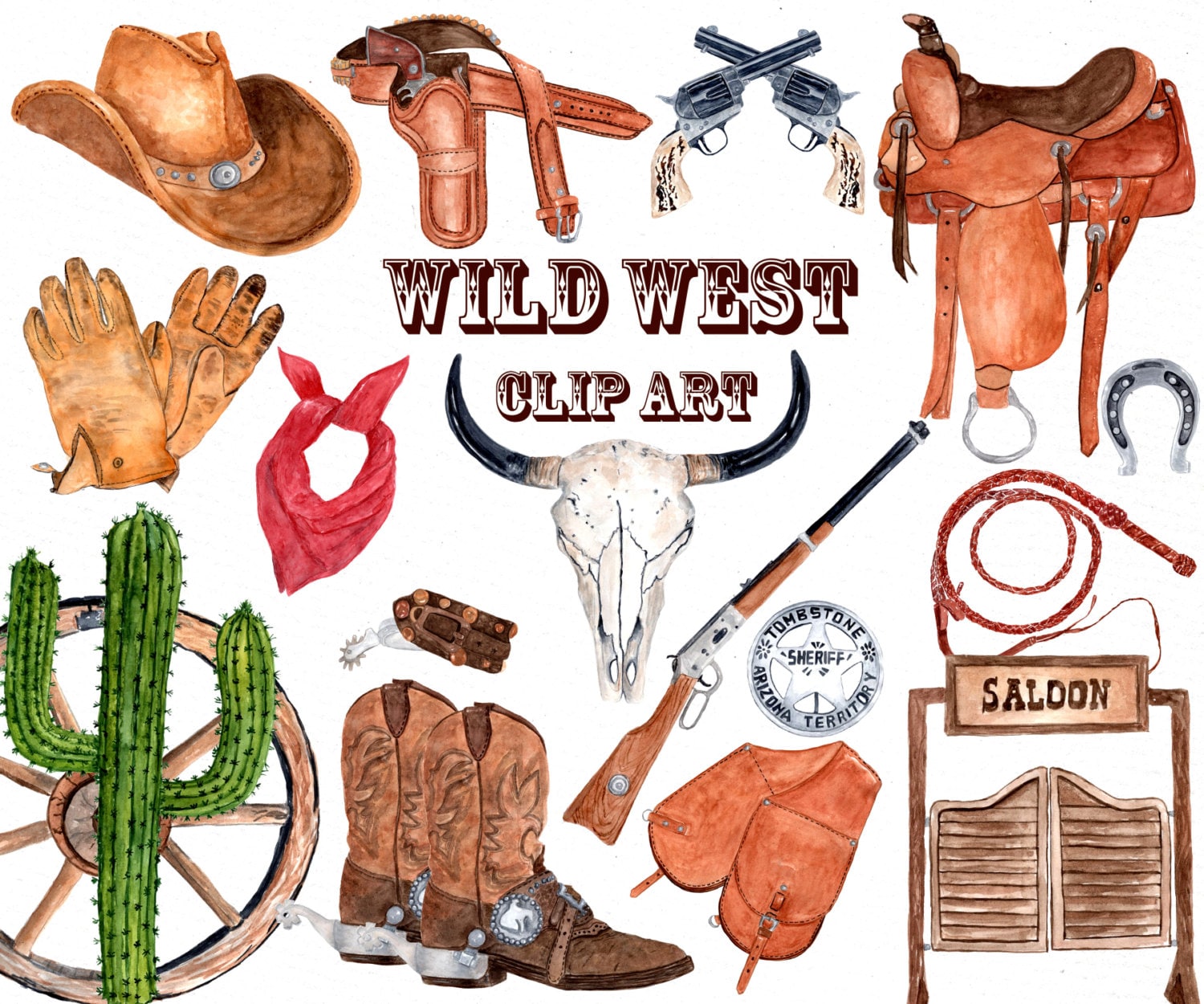Watercolor Western Clipart: cowboy Clipart Skull | Etsy