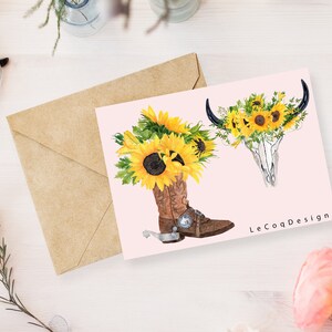 May include: Watercolor illustration on a pink background featuring a cowboy boot and a bull skull, both adorned with sunflowers. A brown envelope and glasses are in the background. The text "LeCoqDesign" is visible.