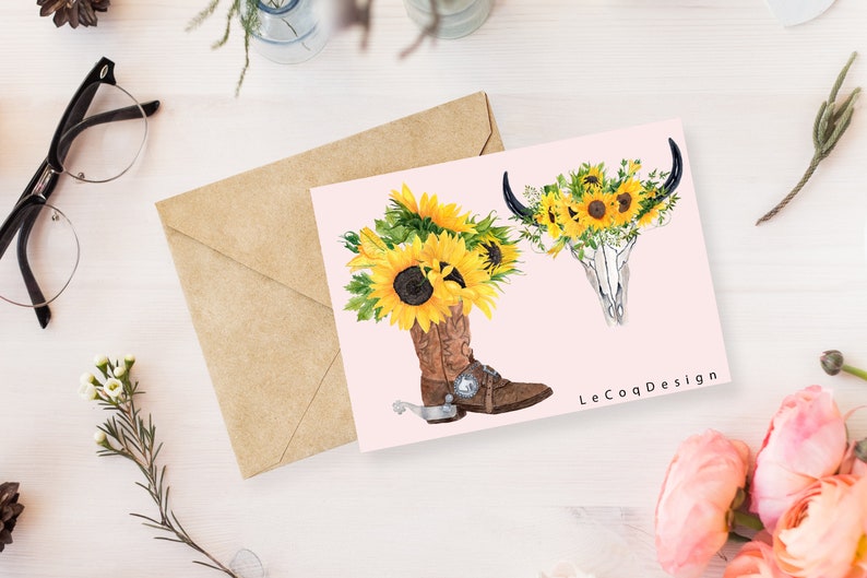 May include: Watercolor illustration on a pink background featuring a cowboy boot and a bull skull, both adorned with sunflowers. A brown envelope and glasses are in the background. The text "LeCoqDesign" is visible.