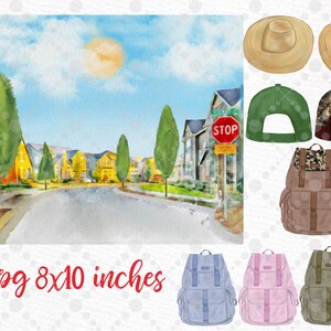 May include: Watercolor illustration of a suburban street scene with houses, trees, and a stop sign. Includes illustrations of hats, backpacks, and backpacks in various colors. The image size is 8x10 inches.