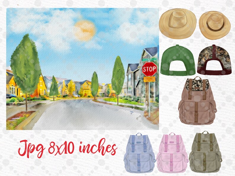 May include: Watercolor illustration of a suburban street scene with houses, trees, and a stop sign. Includes illustrations of hats, backpacks, and backpacks in various colors. The image size is 8x10 inches.