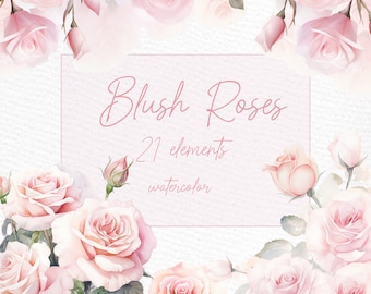 Watercolor Roses Clipart: Blush Pink Floral Wreaths (PNG)