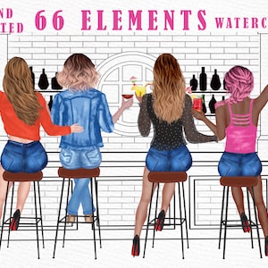 Girls in Cocktail bar clipart: « GIRLS CLIPART » Chaises de bar Scène de bar Meilleur ami clipart Han Party clipart Enterrement de vie de jeune fille Fashion Girls