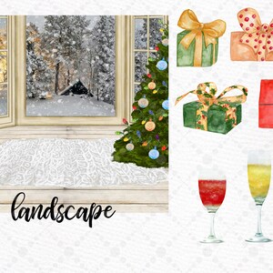 May include: A snowy winter landscape scene with a Christmas tree, presents, and two glasses of champagne. The text "landscape" is written on the bottom of the image.