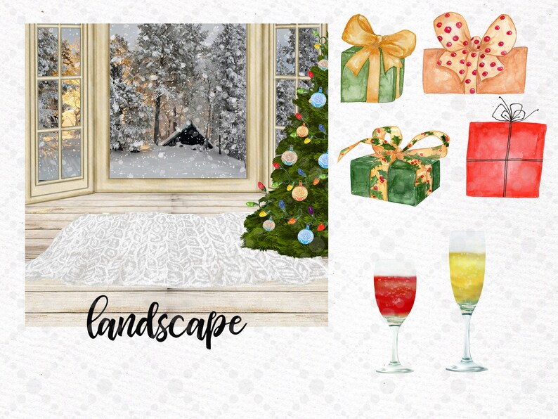 May include: A snowy winter landscape scene with a Christmas tree, presents, and two glasses of champagne. The text "landscape" is written on the bottom of the image.