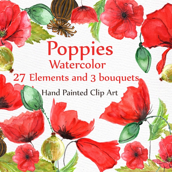 Watercolor poppies clipart: "POPPIES CLIP ART" Floral clip art Watercolor clip art Hand pinted clipart Flower Clipart Wedding Elements