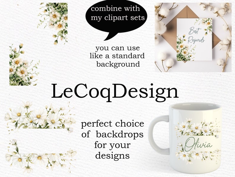 Watercolor Daisy Clipart: White Flowers, Floral Borders (PNG) image 3