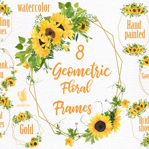 Clipart de molduras geométricas: "QUADROS DE GIRASSÓIS" Flores em aquarela Moldura floral moderna Clipart de casamento Molduras florais de casamento Flores de girassol