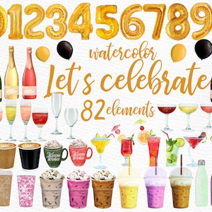 May include: Watercolor illustration of 82 elements for celebrating. Includes gold foil numbers 0-9, champagne bottles, glasses, cocktails, coffee cups, and more.