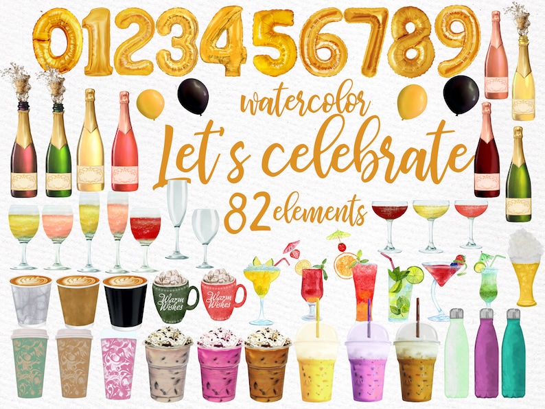 May include: Watercolor illustration of 82 elements for celebrating. Includes gold foil numbers 0-9, champagne bottles, glasses, cocktails, coffee cups, and more.