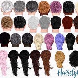May include: A collection of 30 different hairstyles, including short, medium, and long styles, with various colours and textures. The hairstyles are shown from the back view. The word "Hairstyles" is written in blue text at the bottom of the image.