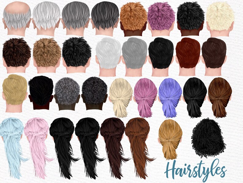 May include: A collection of 30 different hairstyles, including short, medium, and long styles, with various colours and textures. The hairstyles are shown from the back view. The word "Hairstyles" is written in blue text at the bottom of the image.