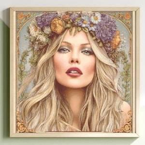 May include: A framed portrait of a woman with long blonde hair and a floral crown. The woman has fair skin, red lipstick, and eye makeup. The artwork is in a wooden frame with ornate detailing.