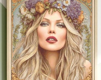 Modèle de point de croix pour filles : « FILLE AVEC DES FLEURS » Modèle de point de croix Alfons Mucha Point de croix moderne Punto de Cruz Art nouveau point de croix