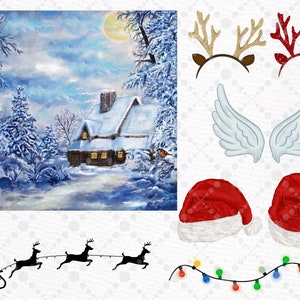 May include: A winter scene with a snow-covered cabin in the woods. There are reindeer pulling a sleigh, a string of Christmas lights, and various Christmas-themed decorations, including reindeer antlers, angel wings, and Santa hats.