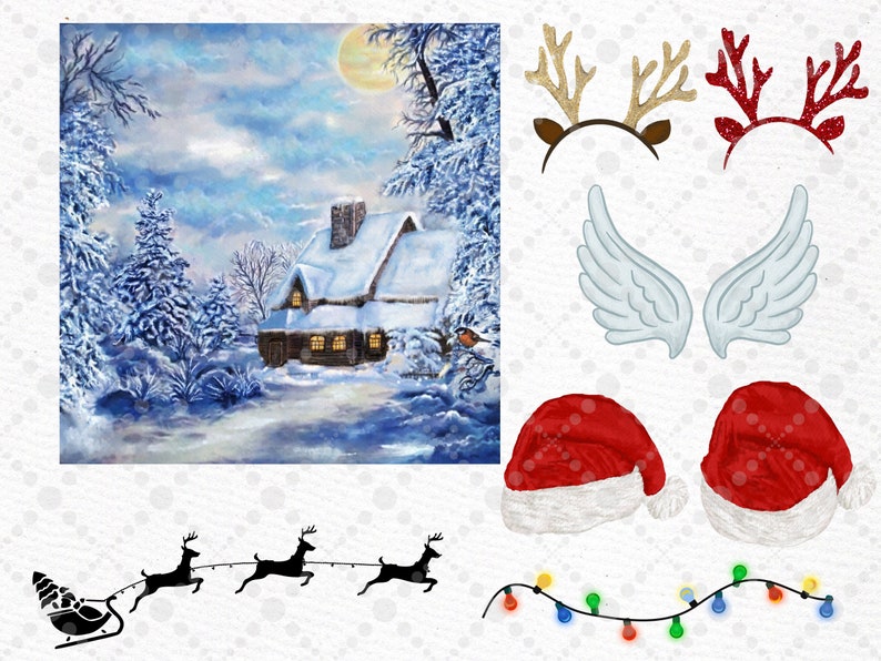 May include: A winter scene with a snow-covered cabin in the woods. There are reindeer pulling a sleigh, a string of Christmas lights, and various Christmas-themed decorations, including reindeer antlers, angel wings, and Santa hats.