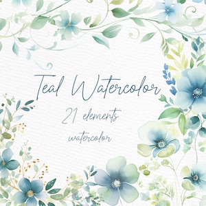 Stoffige blauwe bloemen clipart: "Aquarel TEAL CLIPART" Teal bloemen clipart Teal bloemen grenzen PNG premade kransen clipart Floral hoeken PNG
