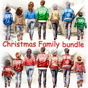 Bundle de cliparts grande famille : « CLIPART DE LA FAMILLE DE NOL » Noël assortis pulls papa maman enfants grands-parents Png portrait de famille personnalisable