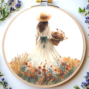 Girl with Flowers Cross Stitch Pattern: Elegant Women Embroidery (PDF)