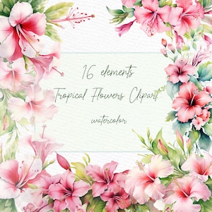 Watercolor Tropical clipart: "WATERCOLOR TROPICAL FLOWERS" Tropical Wedding Clipart Tropical Floral Hibiscus Wreath Tropical Frames Clipart