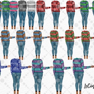 May include: A set of 20 digital illustrations of women wearing various colorful sweaters with a winter holiday theme. The women are wearing blue jeans and brown boots. The illustrations are perfect for creating custom designs for t-shirts, mugs, tote bags, and other products.