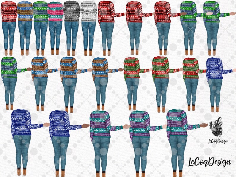 May include: A set of 20 digital illustrations of women wearing various colorful sweaters with a winter holiday theme. The women are wearing blue jeans and brown boots. The illustrations are perfect for creating custom designs for t-shirts, mugs, tote bags, and other products.