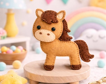 Filz Pferd Nähen Muster PDF, süsses Pony Plüsch Anleitung, Filz-Muster, Bauernhof Tiere, DIY Kinderzimmer Dekor, anfängerfreundliches Hand nähen Projekt