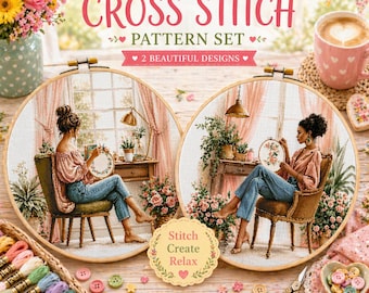 Kreuzstichmuster Set PDF, Set mit 2 Designs Bundle, Gemütliches Mädchen Stickmuster, Cottagecore Kreuzstich, entspannende Handarbeiten