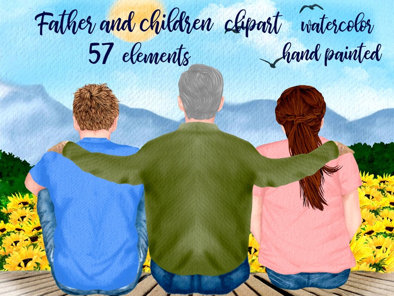 May include: Watercolour illustration of a father and two children sitting on a wooden deck with sunflowers in the background. The father is wearing a green shirt and the children are wearing blue and pink shirts. The illustration is hand-painted and includes 57 elements.