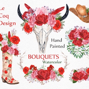 Clipart de buquês de rosas em aquarela: "FLORAL BULL SKULL" Clipart floral Rosas vermelhas Boho Flores de casamento Convites DIY Cartão de felicitações Pintado à mão
