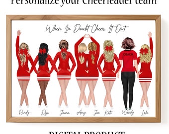 May include: A digital illustration of a cheerleading squad with the text "When In Doubt Cheer It Out" above them. The cheerleaders are wearing red and white uniforms and are standing in a line with their arms raised. The text "COACH" is on the shirt of one of the cheerleaders. The names "Randy", "Deja", "Joana", "Amy", "Joe", "Kate", "Wendy", and "Lola" are written below the cheerleaders.