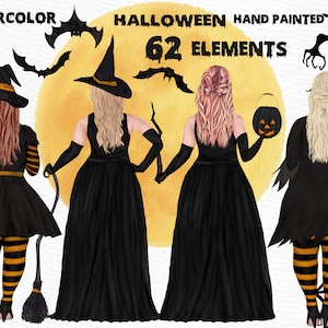 May include: Watercolor illustration of three witches in black dresses with orange and black striped stockings. The witches are holding a broom, a pumpkin, and a wand. The background is a yellow moon with a spiderweb and a tree. The text "Halloween Hand Painted 62 Elements" is at the top of the image.