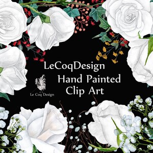 May include: White watercolour roses and baby's breath flowers with green leaves and red berries on a black background. The text "LeCoqDesign Hand Painted Clip Art" is in the centre of the image.