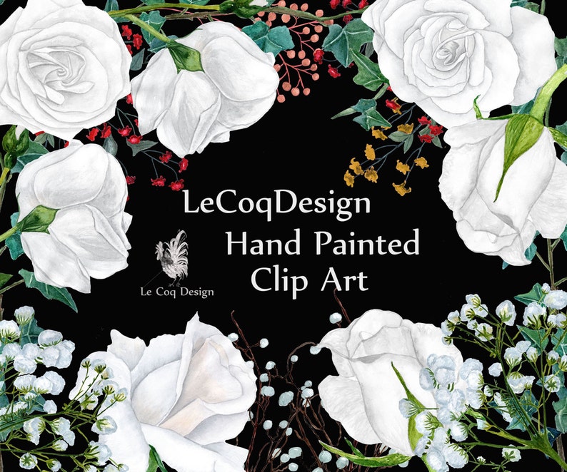 May include: White watercolour roses and baby's breath flowers with green leaves and red berries on a black background. The text "LeCoqDesign Hand Painted Clip Art" is in the centre of the image.